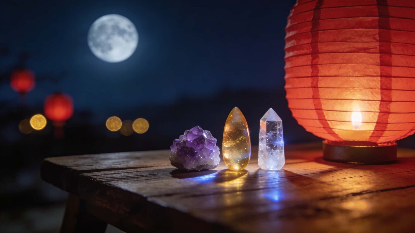 Image of a beautiful scene of a full moon with a table displaying crystals.