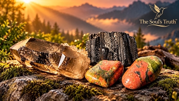 Hunter's Moon Crystal Set: smoky quartz point, black tourmaline and two unakite crystals on a mossy rock at sunset